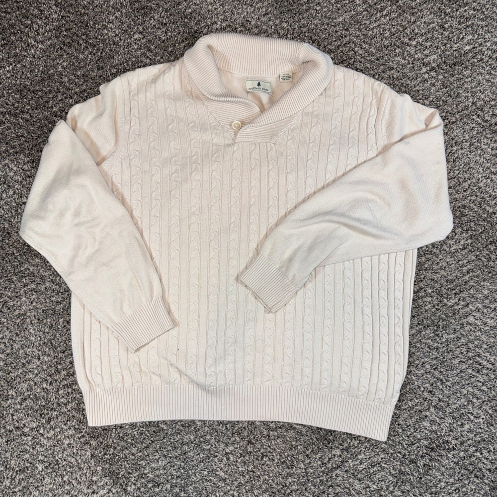 Southern Pines Mens‎ XL Cream Cable Knit Shawl Collar Button Pullover Sweater